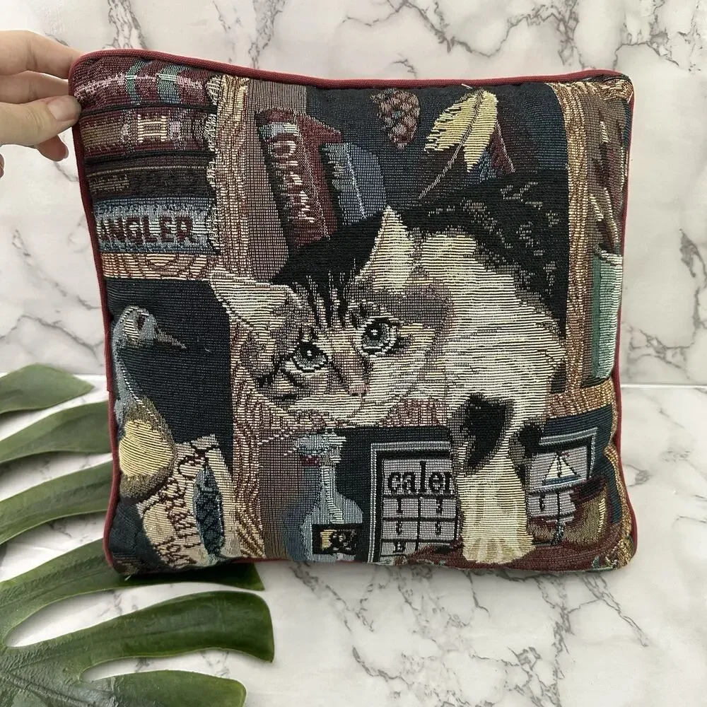 Vintage 90s Tapestry Throw Pillow Cat Books Red Blue Small Kitten Library